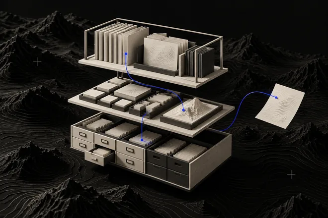 A layered ivory archive of reference folders, reusable instructions and memory drawers, linked by a cobalt route over dark contour terrain.