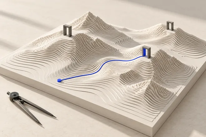 One cobalt route crosses a bone-coloured contour model towards a nearby doorway, while two other destinations remain unconnected.