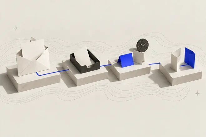 An open envelope, record tray, timed follow-up messages and two facing cards connected by a cobalt path on bone-coloured plinths.
