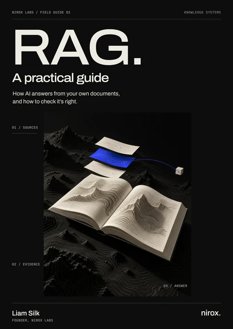 The cover of RAG: a practical guide, by Liam Silk: an open book forming a contour landscape, with one passage picked out in cobalt.